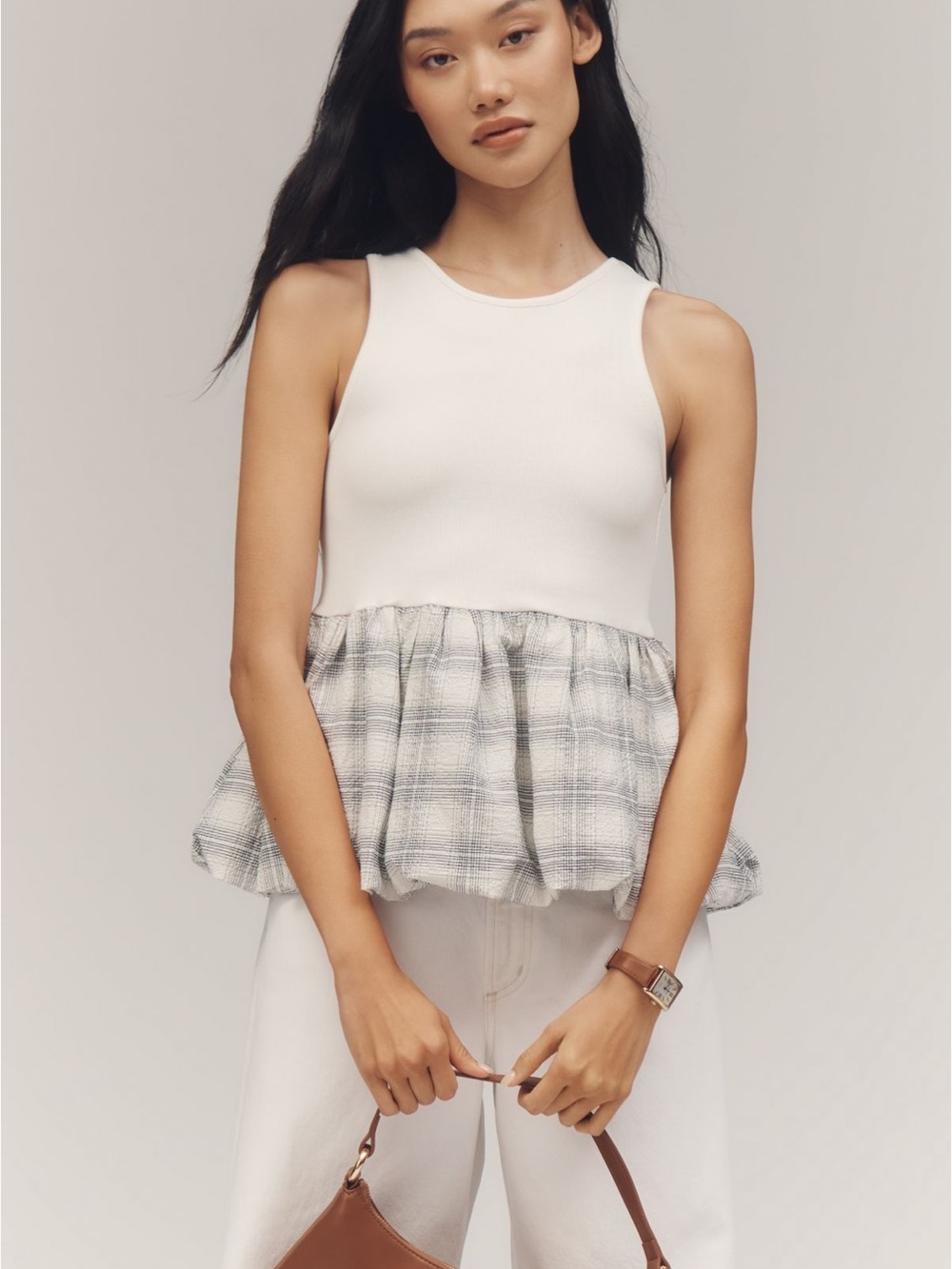 Maeve White Tank with Black Plaid Skirt Hem